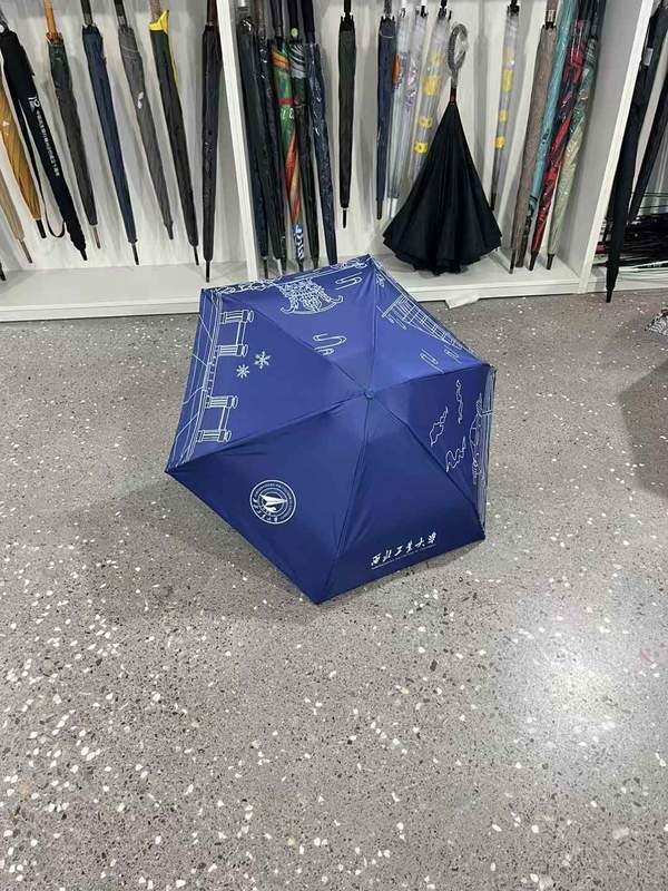 Open blue NPU souvenir umbrella with white line illustrations and university branding